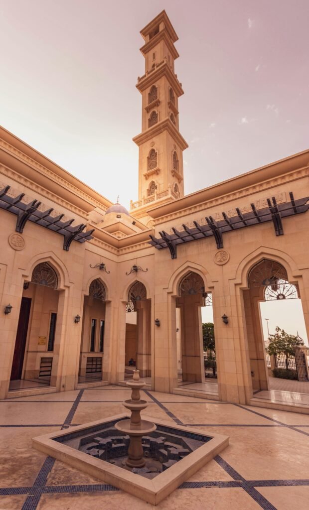 Explore the stunning architectural beauty of a mosque courtyard in Dubai, UAE, perfect for travel and Islamic architecture enthusiasts.