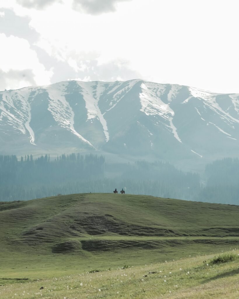 A scenic view of horse riders on green hills with snow-capped mountains in Gulmarg.