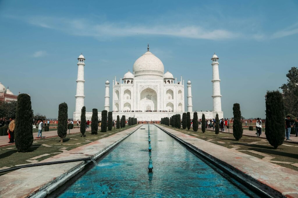 Capture of the Taj Mahal, a symbol of love, with clear skies in Agra, India.