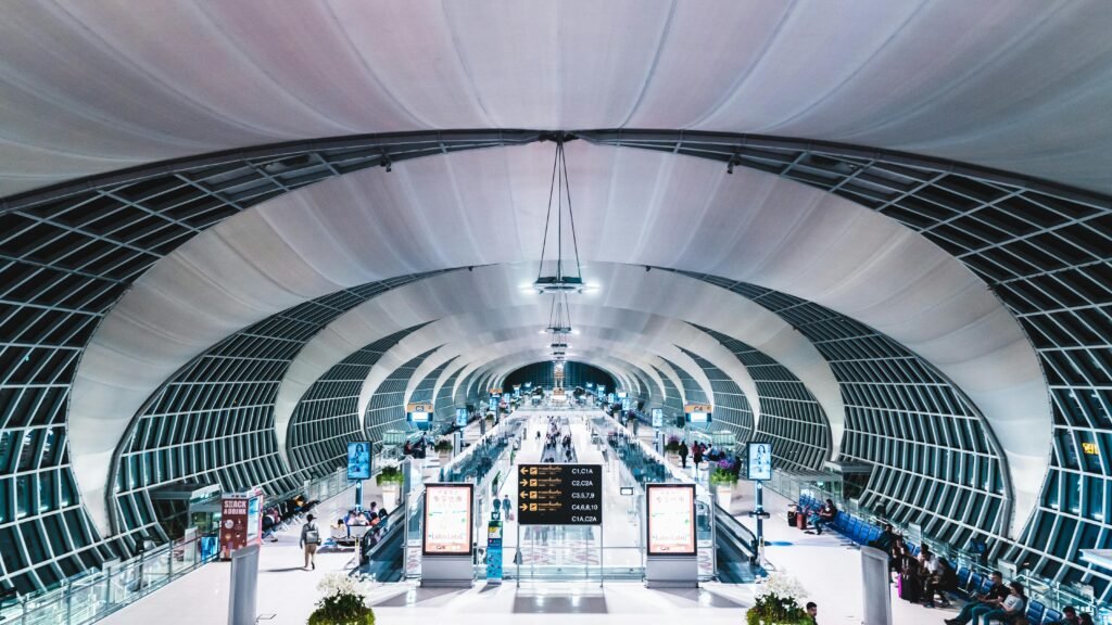 Explore the sleek design of Suvarnabhumi Airport's stunning terminal in Bangkok, Thailand.