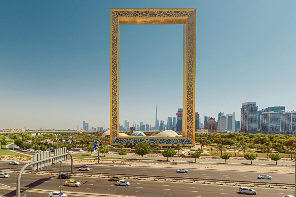 Majestic view of the Dubai Frame with the city skyline and busy highway in UAE.