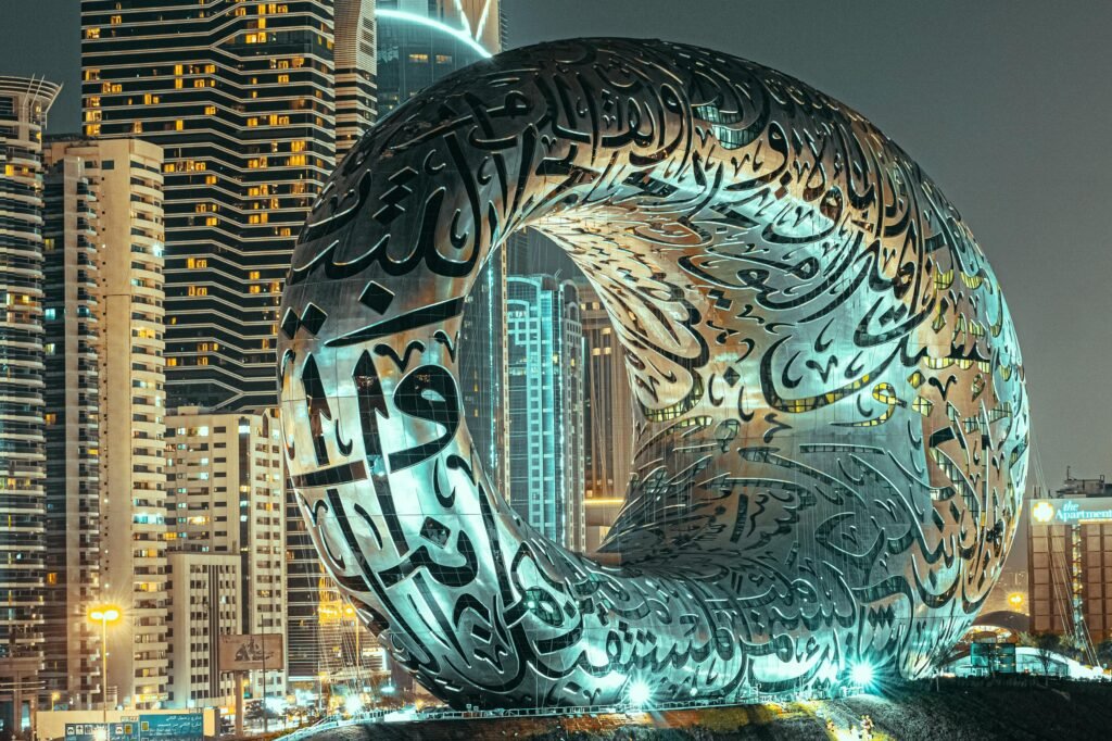 The iconic Museum of the Future illuminated at night in Dubai, showcasing its innovative architecture.